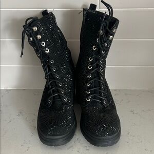 Madden Girl Black Combat Moto Boots with Glitter/Stone Finish